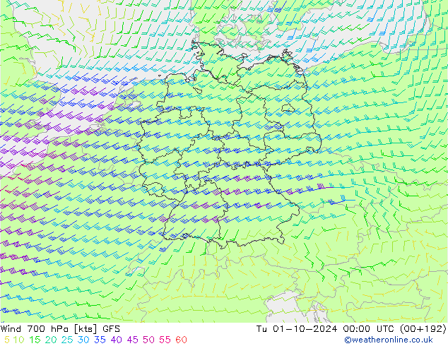 Vento 700 hPa GFS mar 01.10.2024 00 UTC