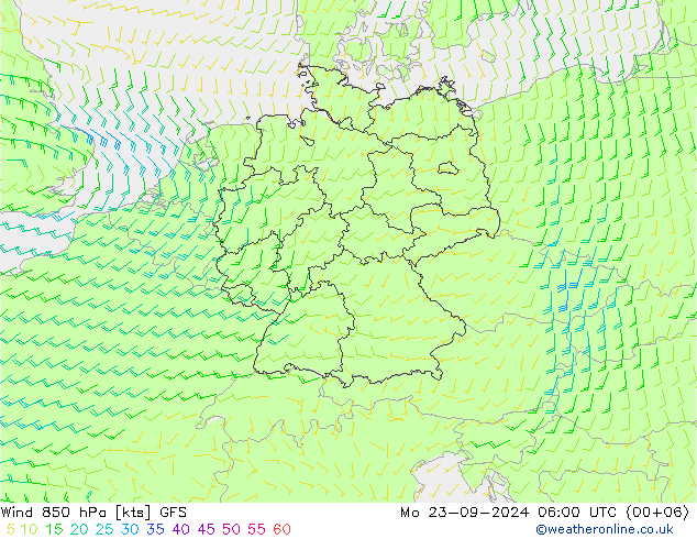 Wind 850 hPa GFS Po 23.09.2024 06 UTC