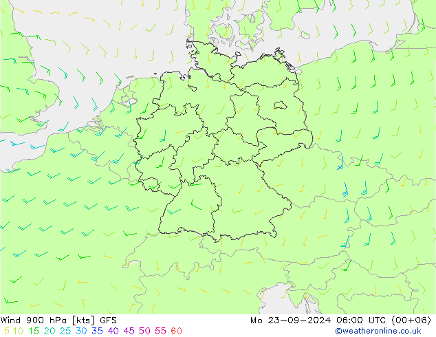 Vent 900 hPa GFS lun 23.09.2024 06 UTC