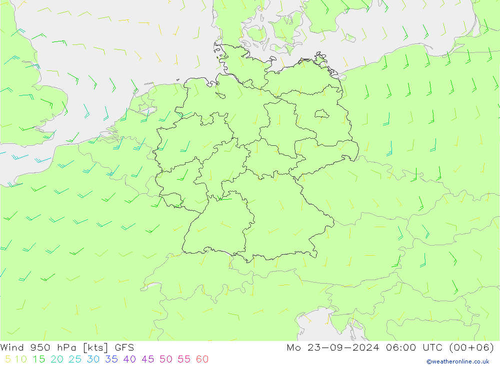 Prec 6h/Wind 10m/950 GFS Mo 23.09.2024 06 UTC