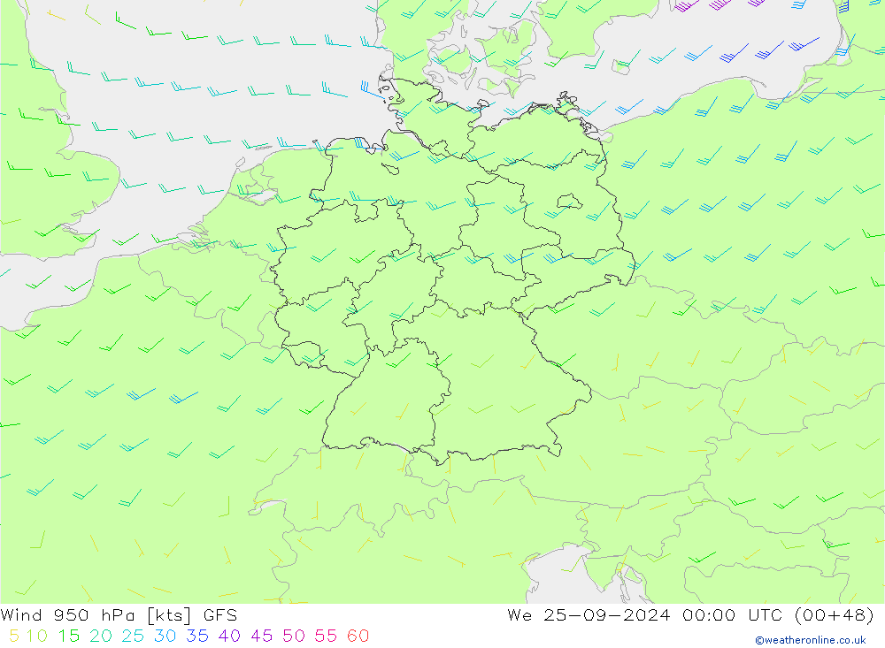 Wind 950 hPa GFS wo 25.09.2024 00 UTC