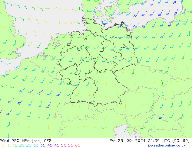 Viento 950 hPa GFS mié 25.09.2024 21 UTC