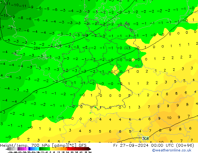 Height/Temp. 700 hPa GFS Pá 27.09.2024 00 UTC