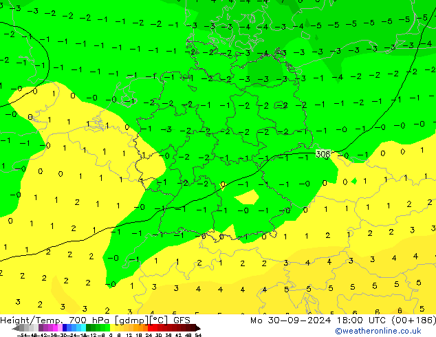 Height/Temp. 700 hPa GFS Mo 30.09.2024 18 UTC