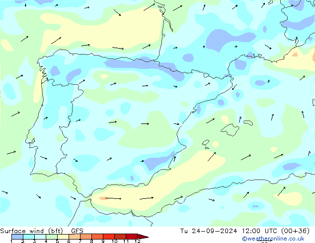 Wind 10 m (bft) GFS di 24.09.2024 12 UTC