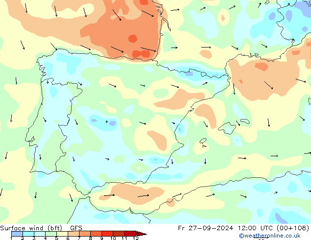 Surface wind (bft) GFS Fr 27.09.2024 12 UTC