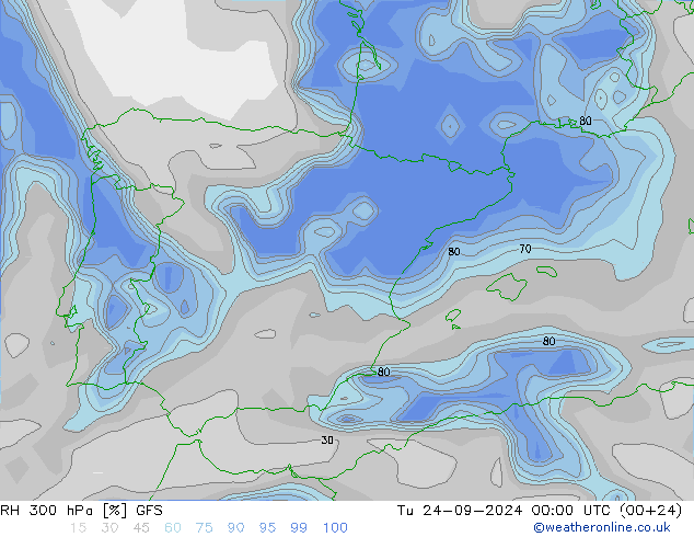 Humidité rel. 300 hPa GFS mar 24.09.2024 00 UTC