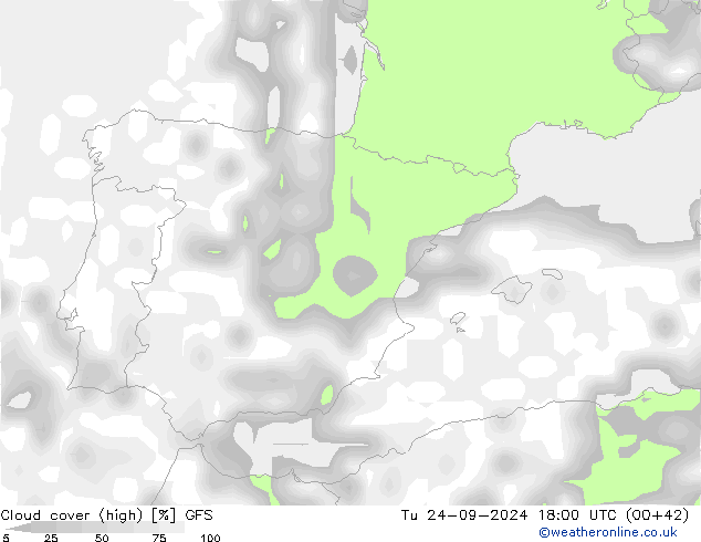 vysoký oblak GFS Út 24.09.2024 18 UTC