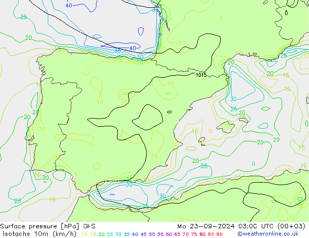 Isotachen (km/h) GFS ma 23.09.2024 03 UTC