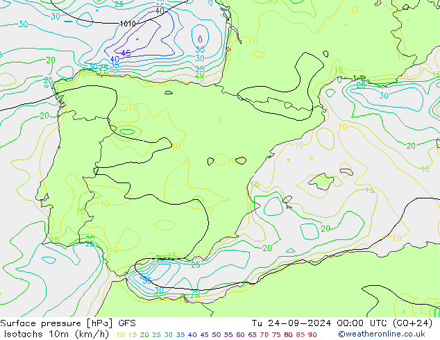 Isotachs (kph) GFS вт 24.09.2024 00 UTC