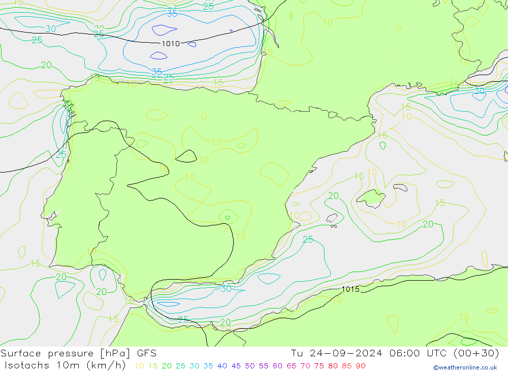 Isotachs (kph) GFS Tu 24.09.2024 06 UTC