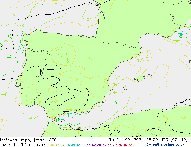 Isotachs (mph) GFS Út 24.09.2024 18 UTC