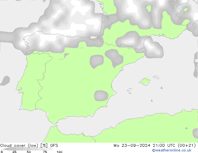 Cloud cover (low) GFS Mo 23.09.2024 21 UTC