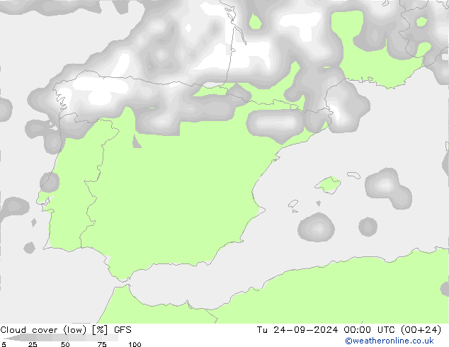 облака (низкий) GFS вт 24.09.2024 00 UTC