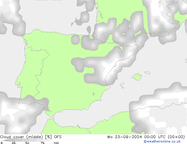 облака (средний) GFS пн 23.09.2024 00 UTC