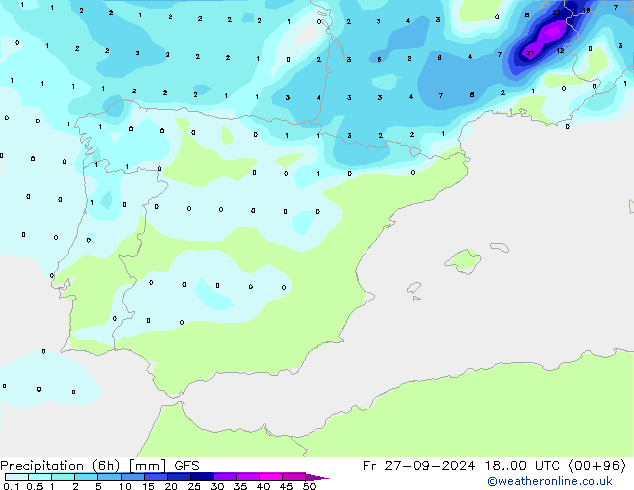 Precipitation (6h) GFS Fr 27.09.2024 00 UTC