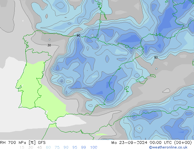 RH 700 гПа GFS пн 23.09.2024 00 UTC