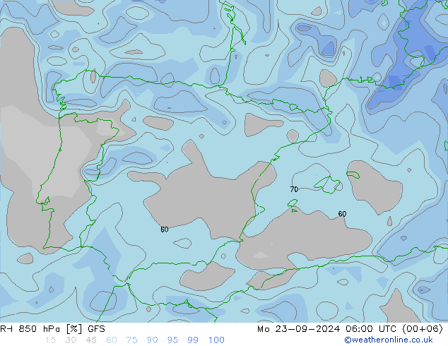 RH 850 hPa GFS Mo 23.09.2024 06 UTC