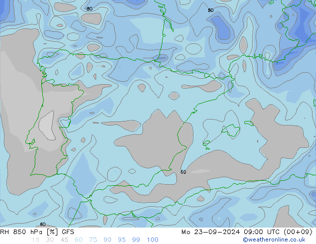 RH 850 гПа GFS пн 23.09.2024 09 UTC