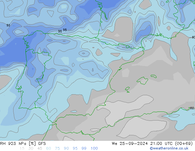 Humedad rel. 925hPa GFS mié 25.09.2024 21 UTC