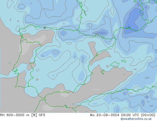 RH 600-3000 m GFS Mo 23.09.2024 00 UTC