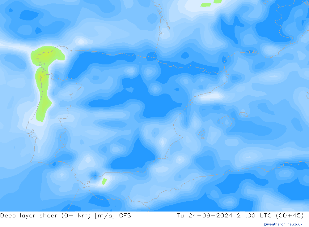 Deep layer shear (0-1km) GFS вт 24.09.2024 21 UTC