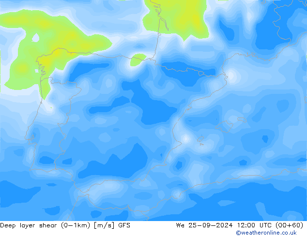 Deep layer shear (0-1km) GFS  25.09.2024 12 UTC