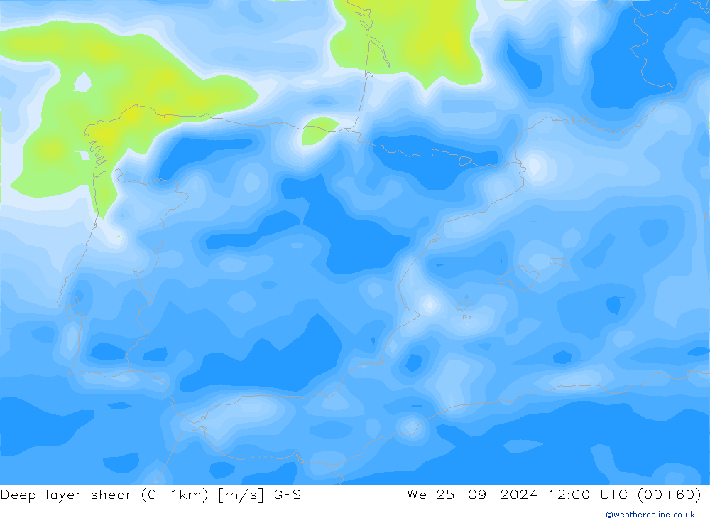 Deep layer shear (0-1km) GFS  25.09.2024 12 UTC