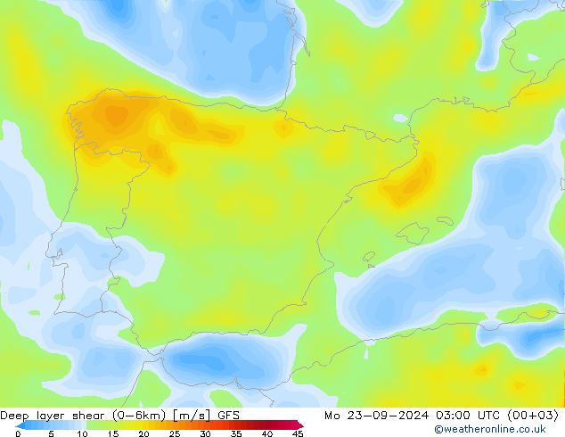 Deep layer shear (0-6km) GFS Mo 23.09.2024 03 UTC