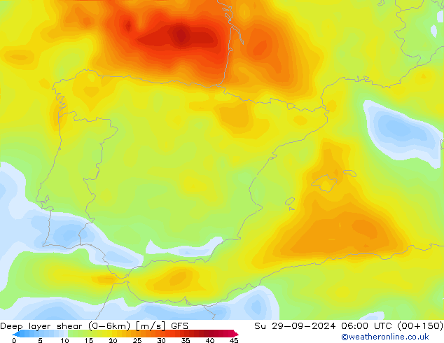 Deep layer shear (0-6km) GFS Su 29.09.2024 06 UTC