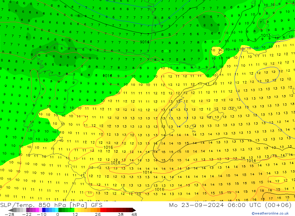 SLP/Temp. 850 hPa GFS Po 23.09.2024 06 UTC