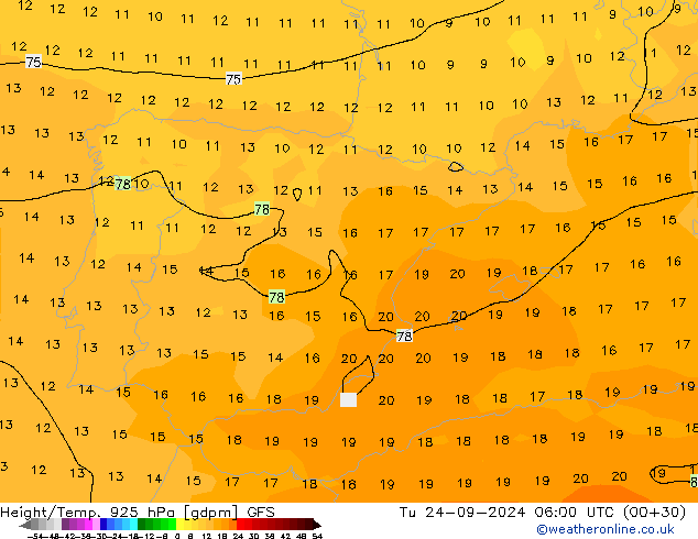 Height/Temp. 925 hPa GFS wto. 24.09.2024 06 UTC