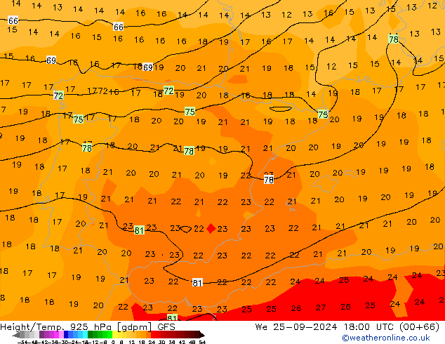 Height/Temp. 925 hPa GFS mer 25.09.2024 18 UTC