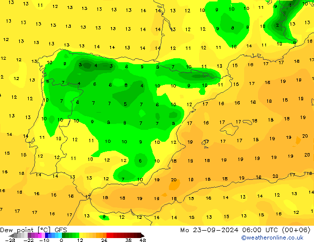 Dew point GFS Mo 23.09.2024 06 UTC