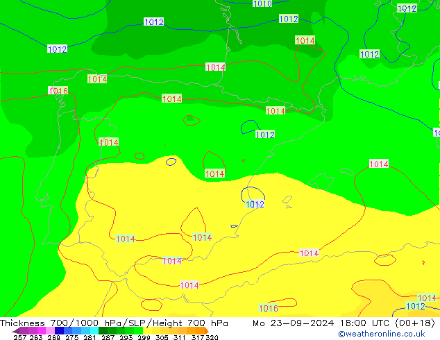 Thck 700-1000 гПа GFS пн 23.09.2024 18 UTC