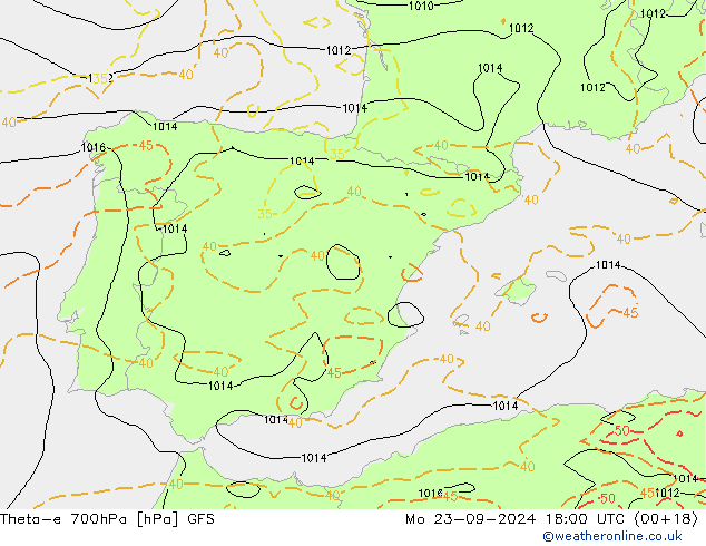 Theta-e 700hPa GFS lun 23.09.2024 18 UTC