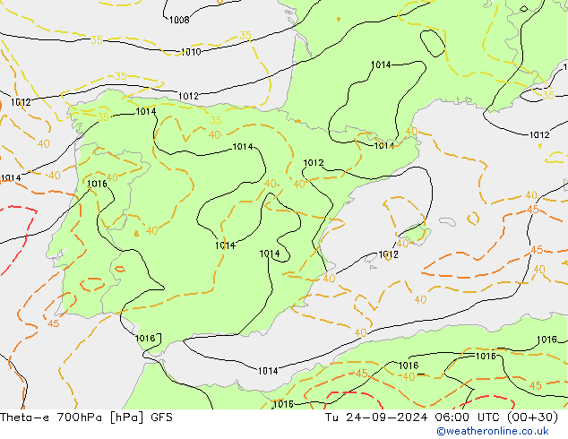 Theta-e 700hPa GFS wto. 24.09.2024 06 UTC