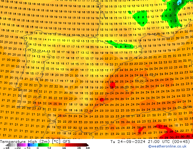 Nejvyšší teplota (2m) GFS Út 24.09.2024 21 UTC