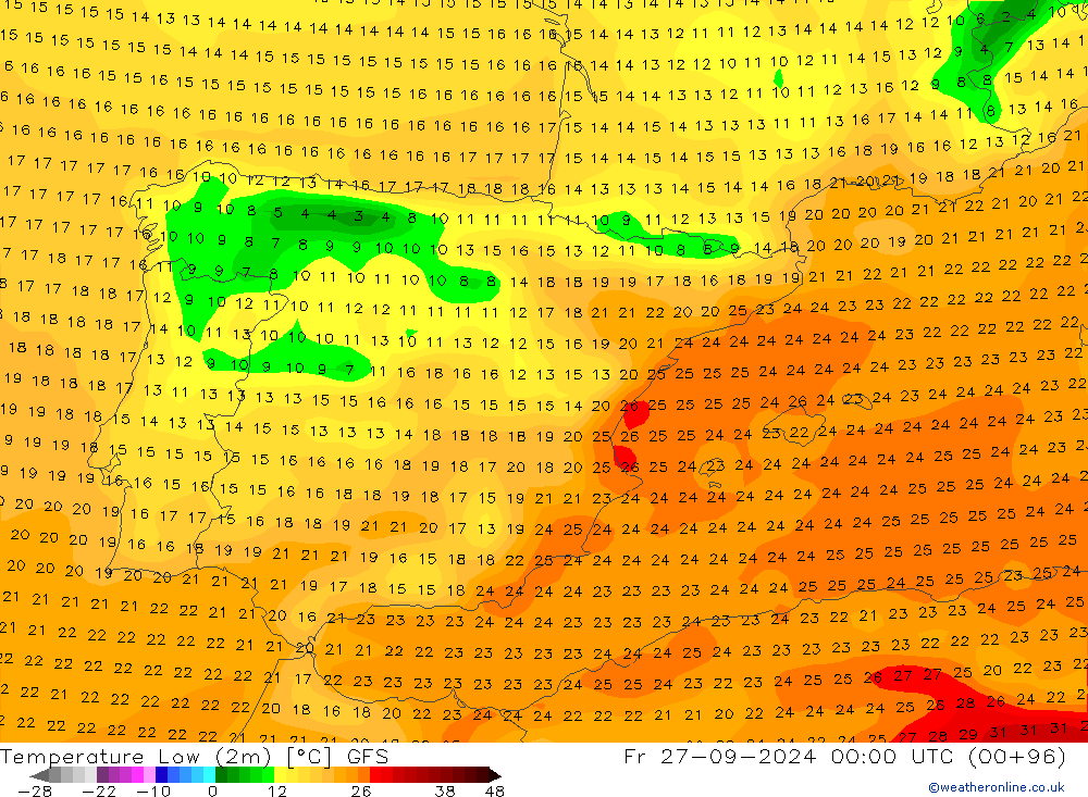 Temperature Low (2m) GFS Fr 27.09.2024 00 UTC