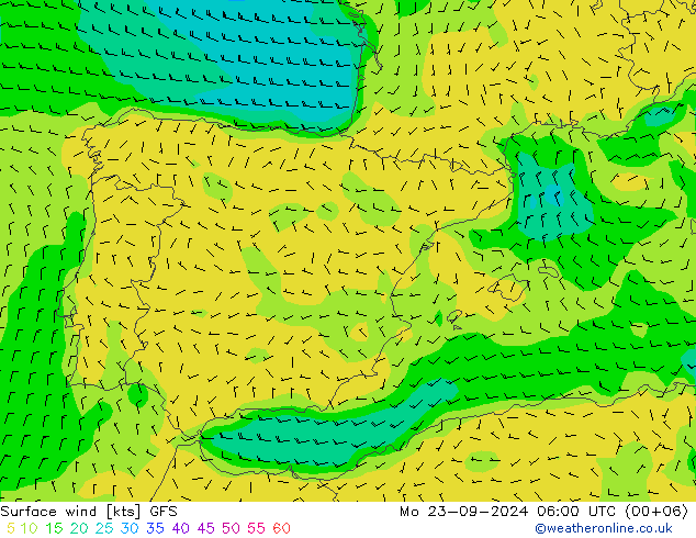 Surface wind GFS Mo 23.09.2024 06 UTC