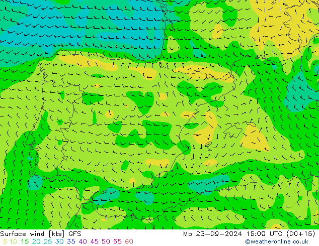 Surface wind GFS Mo 23.09.2024 15 UTC