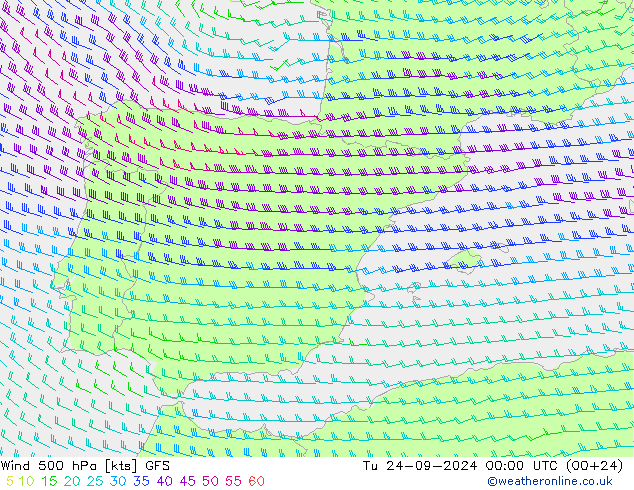 ветер 500 гПа GFS вт 24.09.2024 00 UTC