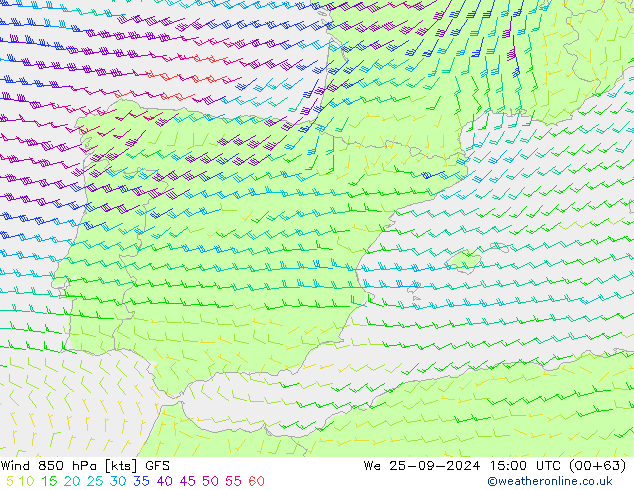 Wind 850 hPa GFS We 25.09.2024 15 UTC