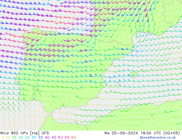 Wind 850 hPa GFS wo 25.09.2024 18 UTC