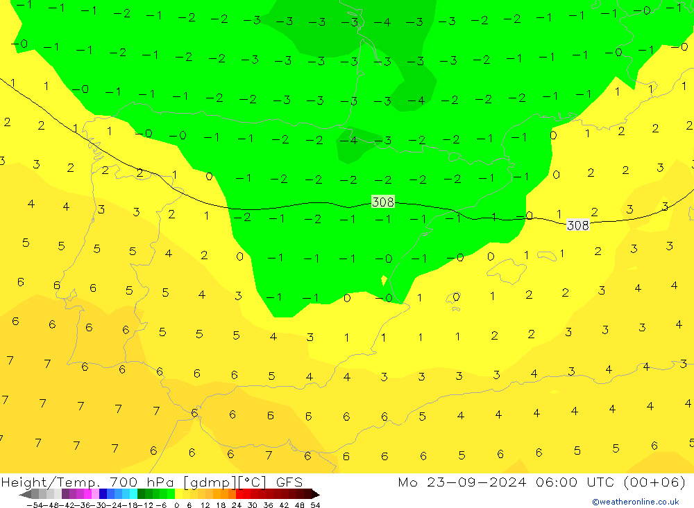 Height/Temp. 700 hPa GFS  23.09.2024 06 UTC