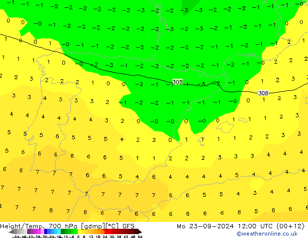 Height/Temp. 700 hPa GFS pon. 23.09.2024 12 UTC