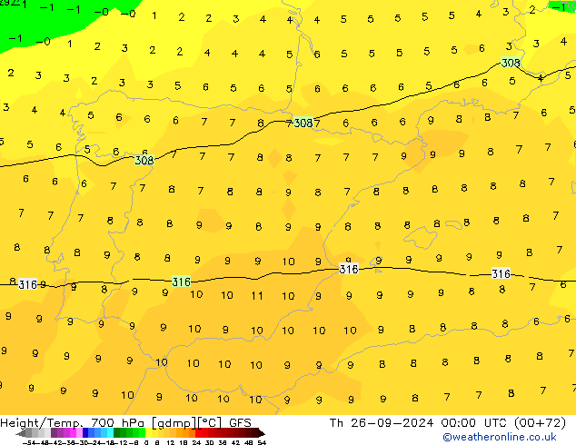 Geop./Temp. 700 hPa GFS jue 26.09.2024 00 UTC