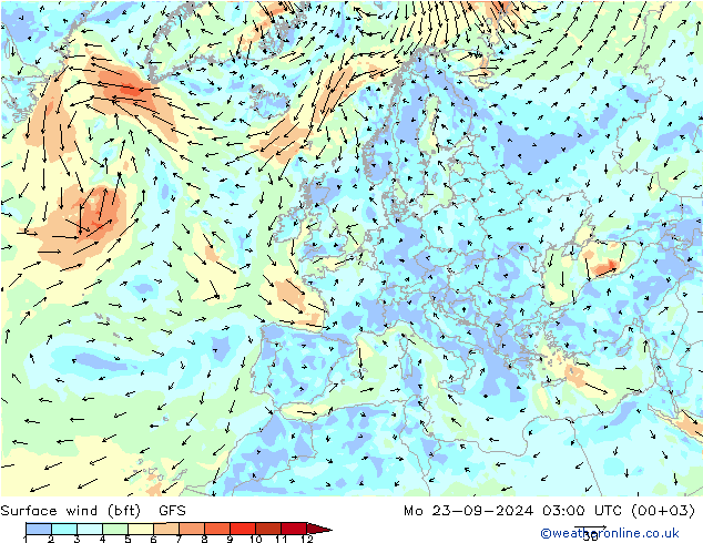 �N 10 米 (bft) GFS 星期一 23.09.2024 03 UTC