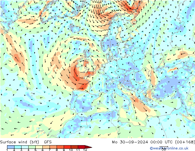 Bodenwind (bft) GFS Mo 30.09.2024 00 UTC