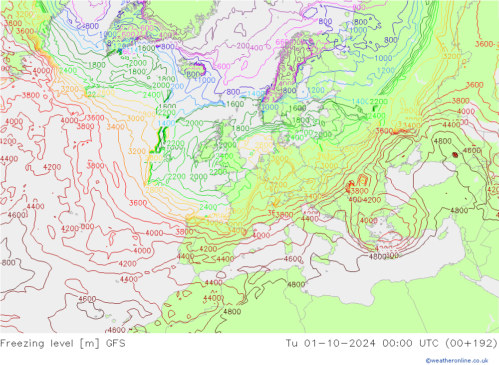 Freezing level GFS Tu 01.10.2024 00 UTC